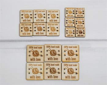 Набор деревянных нашивок, «100% hand made with love», квадрат, 18 шт. (6 шт. - 3х3 см, 6 шт. - 2,3х2,3 см, 6 шт. - 1,7х1,7 см) У1207009 - фото 10649