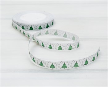 Лента репсовая, 15 мм, Ёлки, белая, 22 м У0514003-Б - фото 13184
