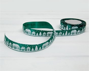 Лента атласная, 24 мм, Домики, зелёная, 22 м У0521001-Б - фото 14512