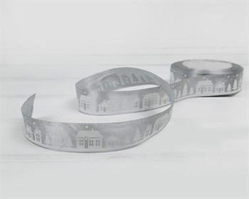 Лента атласная, 24 мм, Домики, серая, 22 м У0521002-Б - фото 14513