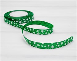 Лента репсовая, 15 мм, Снежинки, зелёная, 22 м У0514002-Б