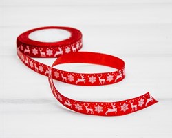 Лента атласная, 15 мм, Олени, красная, 22 м У0518003-Б