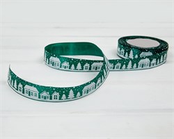 Лента атласная, 24 мм, Домики, зелёная, 22 м У0521001-Б