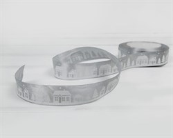 Лента атласная, 24 мм, Домики, серая, 22 м У0521002-Б