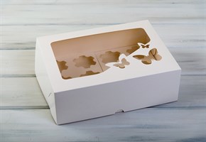 Коробка для капкейков/маффинов на 12 шт, с прозрачным окошком  Бабочки, 33х25х11 см, белая У0101019