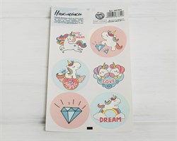 Наклейки, единорожка, круглые, d=4 см, лист 6 шт. У1201014